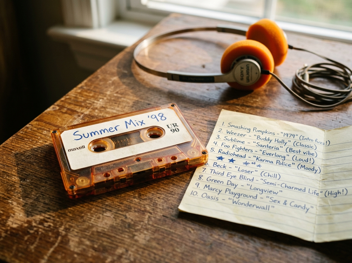 Vintage audio cassette mix tape with handwritten track notes