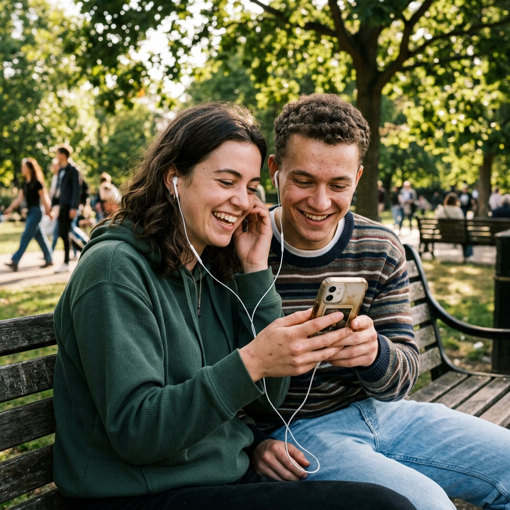 Friends sharing music together with headphones
