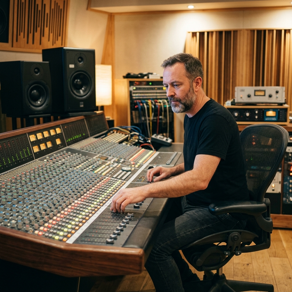 Audio producer working at a mixing console