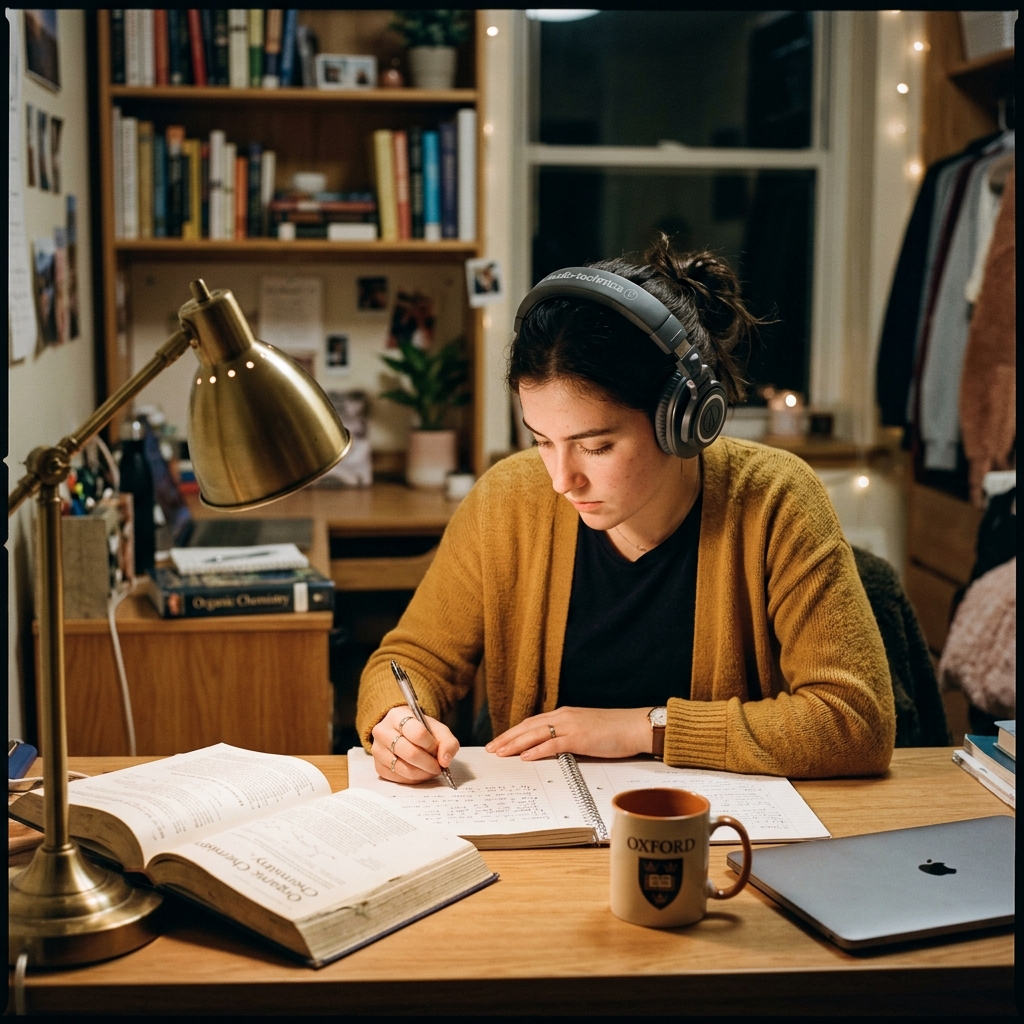 Student studying with headphones and taking notes